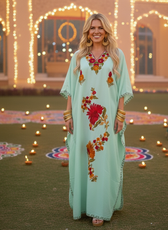 Holiday Kaftan Maxi Dress – Embroidered Oversized Kimono Caftan for Women L-2X